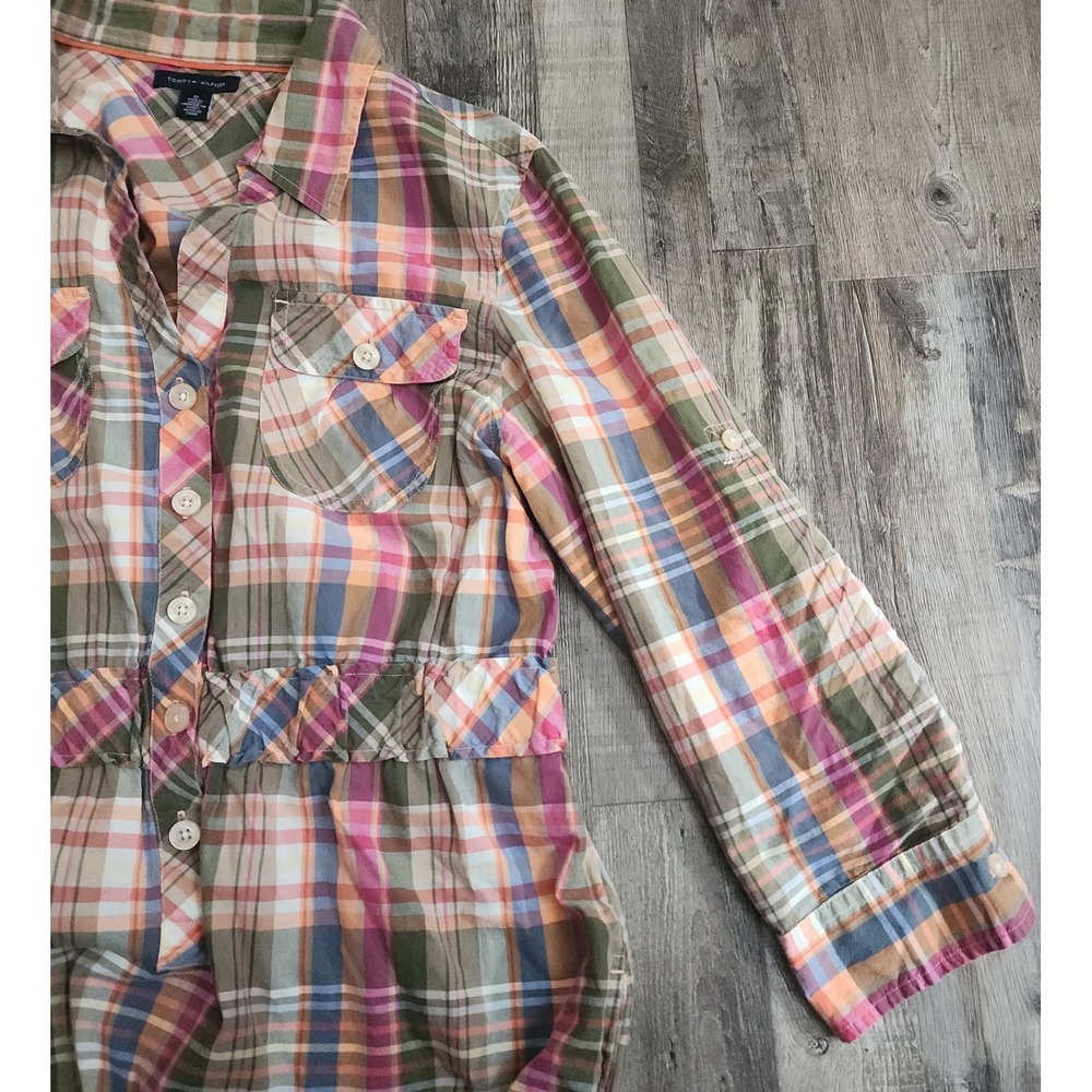 Tommy Hilfiger Shirt Dress Womens 10 Multi Plaid Cotton Roll Tab Sleeve Cinched - Picture 4 of 7